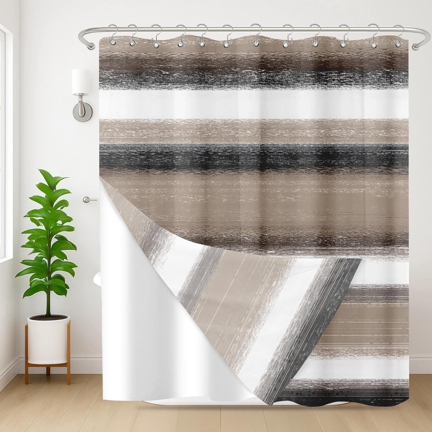 Shower Curtain and Liner Set, Modern Vintage White and Brown Minimalist Shower Curtain and Liner with Double-Sided Stainless Steel Hooks, 3-in-1 Waterproof Fabric for Bathroom, 72x72 Inch