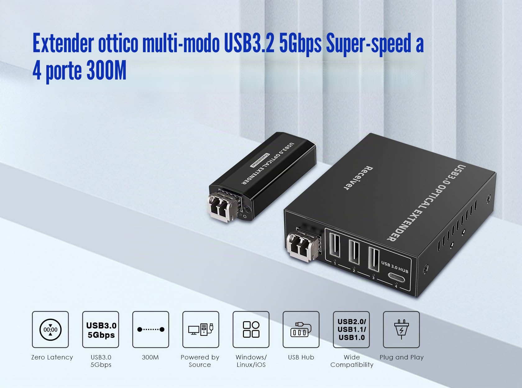 PremiumCord Extender Ottico USB a 4 Porte fino a 300 m, USB 3.2 SuperSpeed ​​5 Gbit/s, Extender in Fibra Multimodale, Alloggiamento In Metallo, Nero