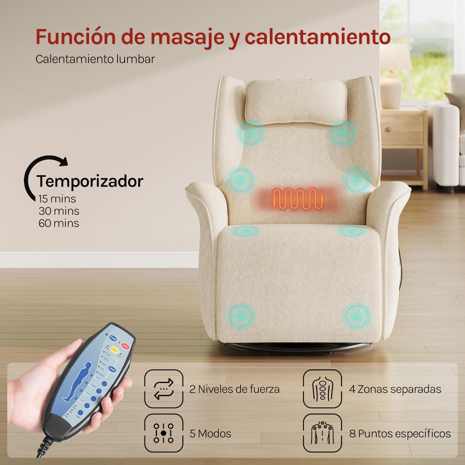 WOLTU Sillón Reclinable, de Masaje con Calefacción en Zona Lumbar, Beige | Sofá Relax Giratorio Tapizado en Chenilla, Reposacabezas, Bolsillos, Puerto USB, Capacidad de Carga 150 kg