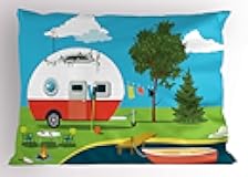 Lunarable Happy Camper Pillow Sham, Cartoon Fishing Trip Scene Caravan Boat Pit Camping Table Laundry Line, Decorative Standard Size Printed Pillowcase, 26