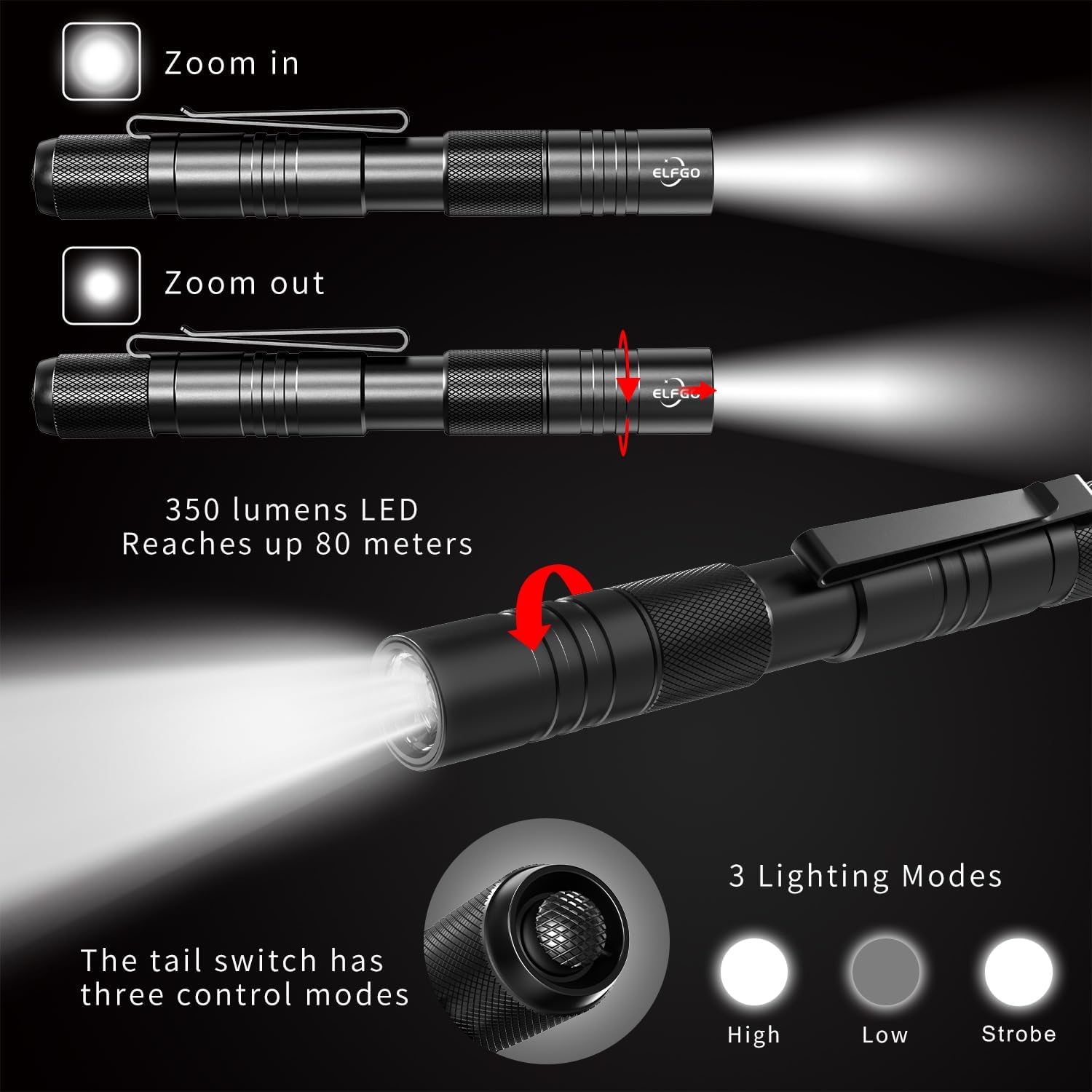 Rechargeable Pen Light Flashlight, Zoomable LED Penlight Flashlight 3 Modes, 350 Lumens Pocket Size Clip Flash Light Small Mini Handheld Slim Pen Light for Nurse, Inspection, Repair, Emergency