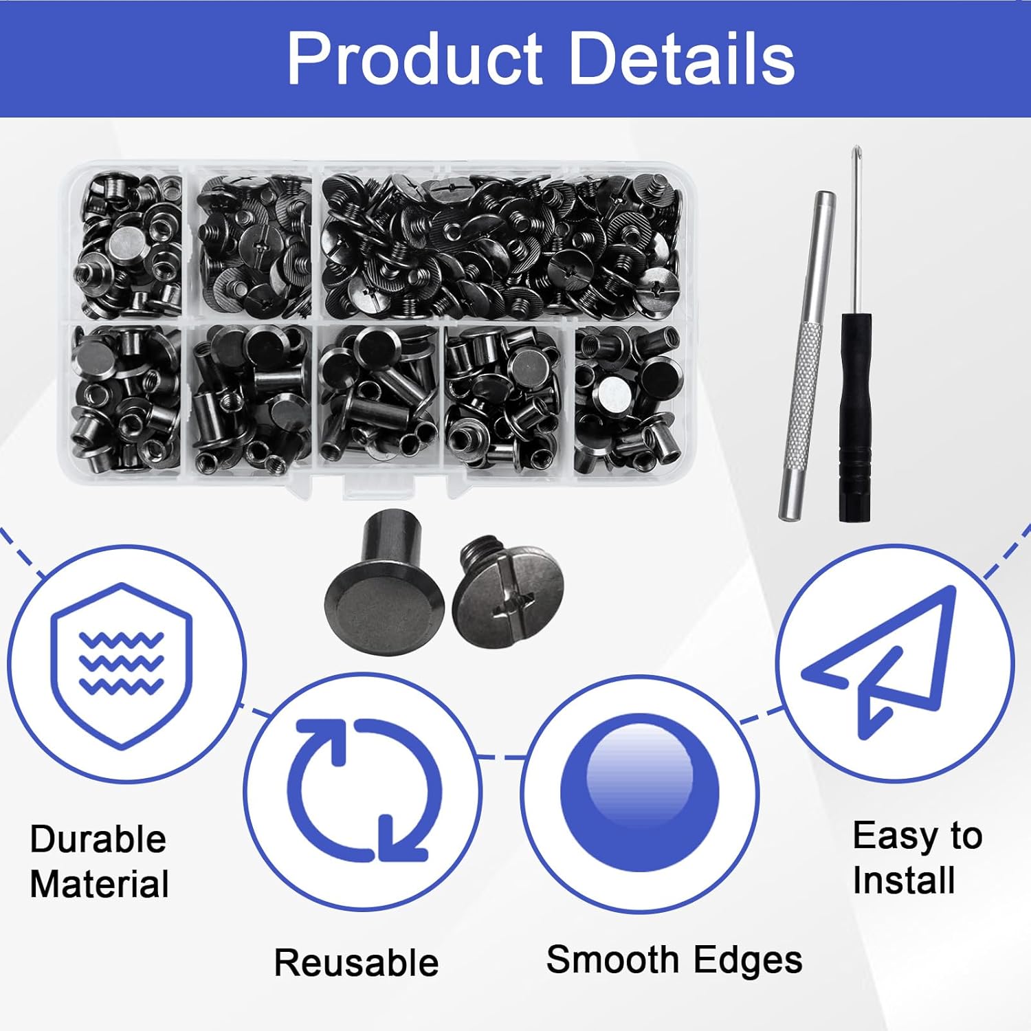 Chicago Binding Screws, Pack of 110 Chicago Screws, Book Screws M5 x 4/5/6/8/10/12 mm, Screw Rivets for Leather Bags Craft Luggage Connecting Screws