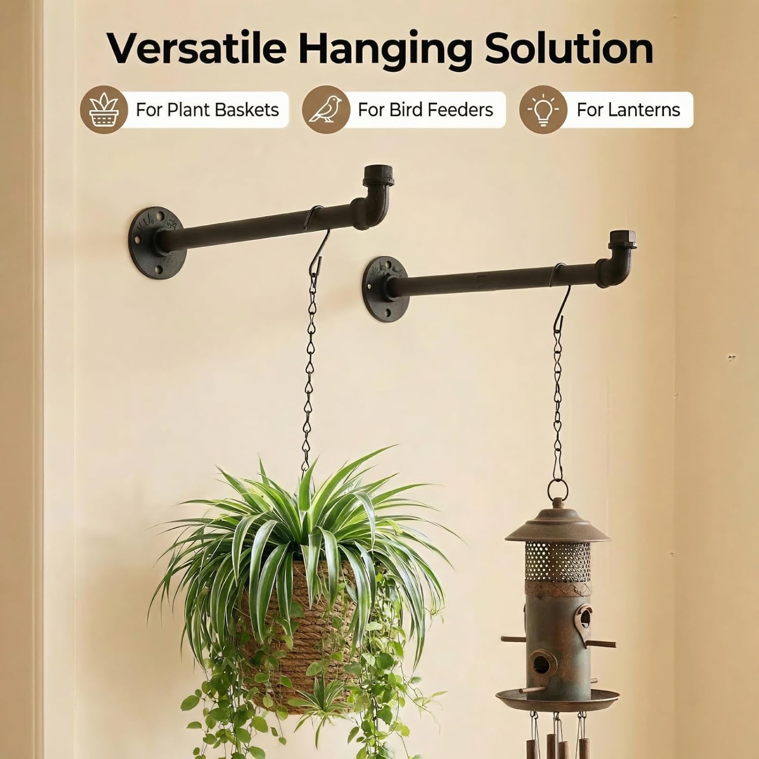 2 Pack Black Metal Pipe Plant Hanger Indoor with Hanging Chains, Industrial Window and Wall Mounted Hanging Rod Planter for Plants, Pots/Plants Not Included