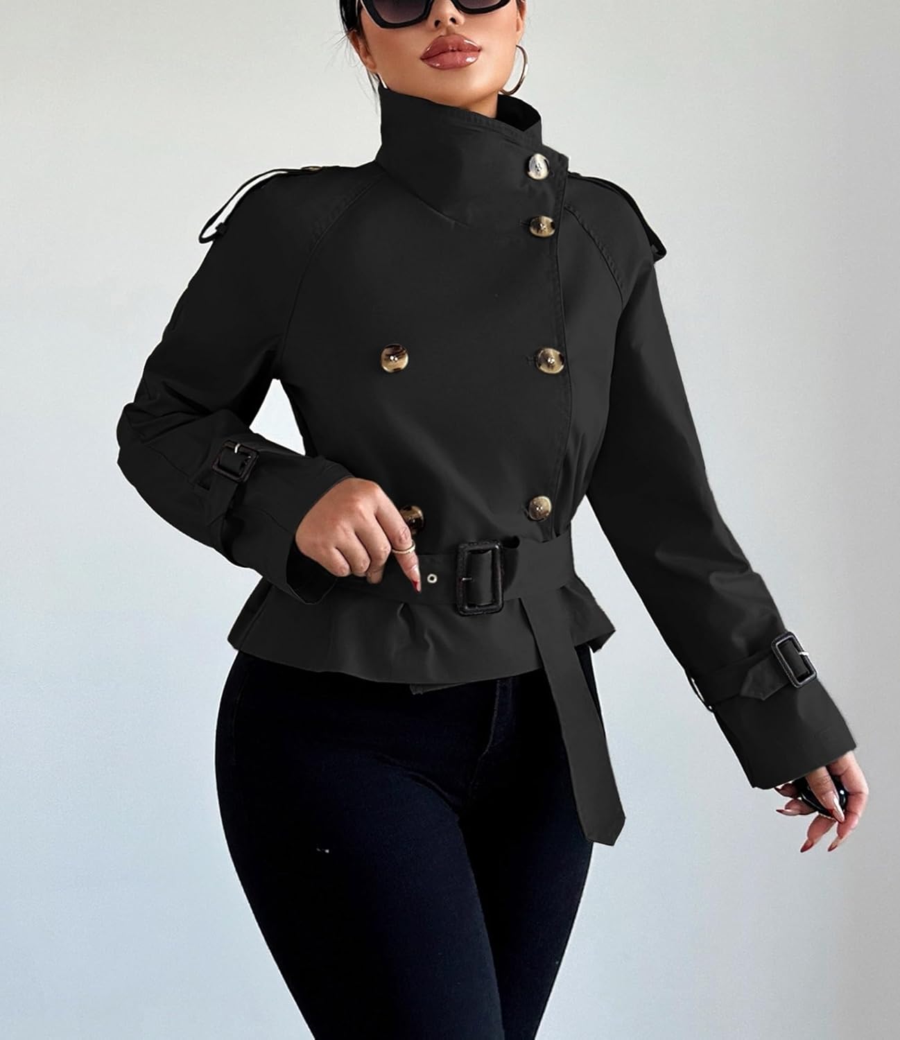 Zoziiee Women Trench Coat Double Breasted Stand Collar Belted Outerwear Fall Casual Fashion Cropped Jacket - Image 4