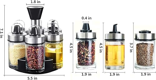 Miniatura 3 de Juego de 6 botellas de aceite y vinagre, sal y pimienta, rotación de 360 grados, vidrio duradero, acero inoxidable, sin plomo, dispensador de aceite