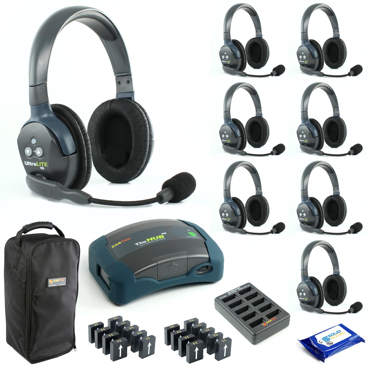 Eartec HUB8D Ultralite Full Duplex Wireless Headset Communication System for 8 Users – 8 Dual Ear Headsets, HUB Transceiver, Nine (9) Additional Batteries with SolidSignal Cleaning Wipes Bundle