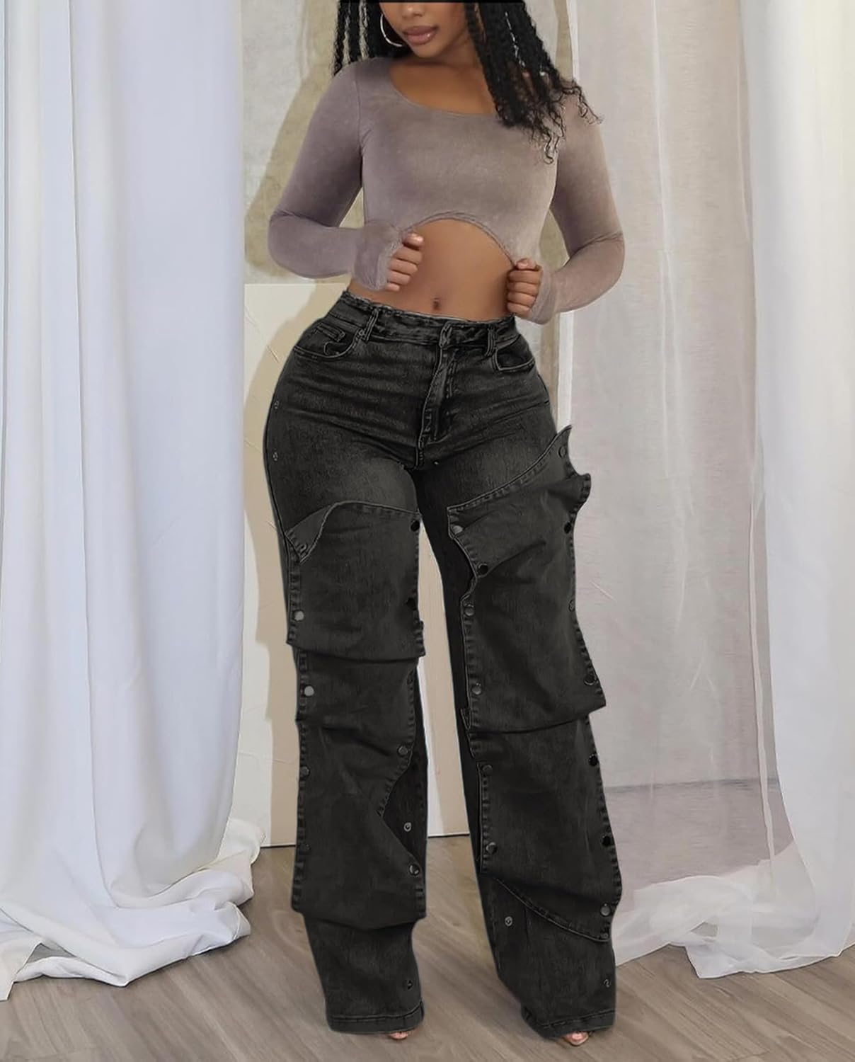 Voghtic Womens y2k Detachable Patchwork Irregular Boyfriend Cargo Jeans High Waisted Straight Leg Denim Pants Streetwear - Image 3