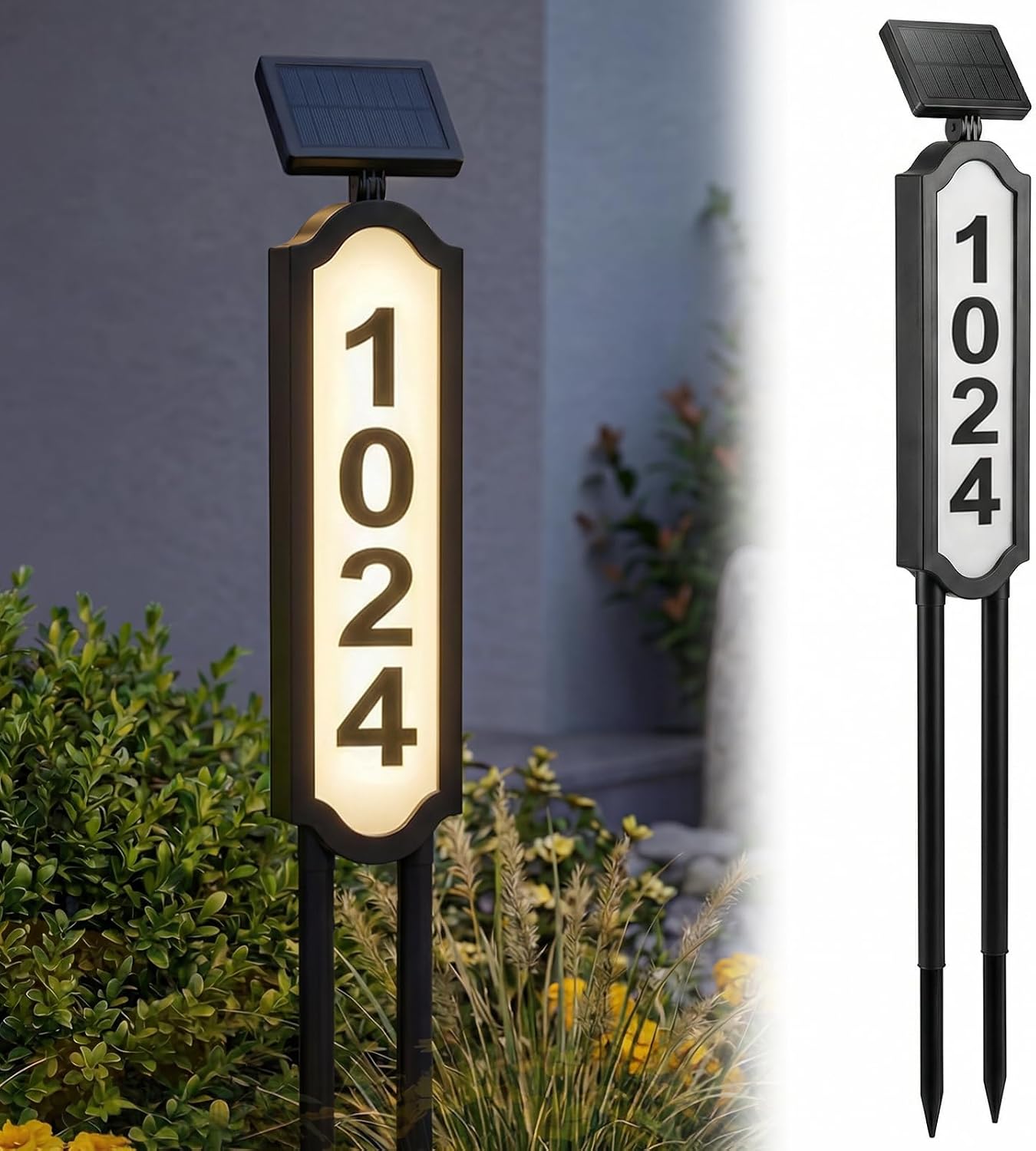 PASAMIC Solar Address Sign, Address Signs for Yard, Lighted House Numbers | Solar Powered Address Sign with 3 Light Modes, LED Illuminated Plaques Wall Mounted & In Ground, IP65 Waterproof, Black