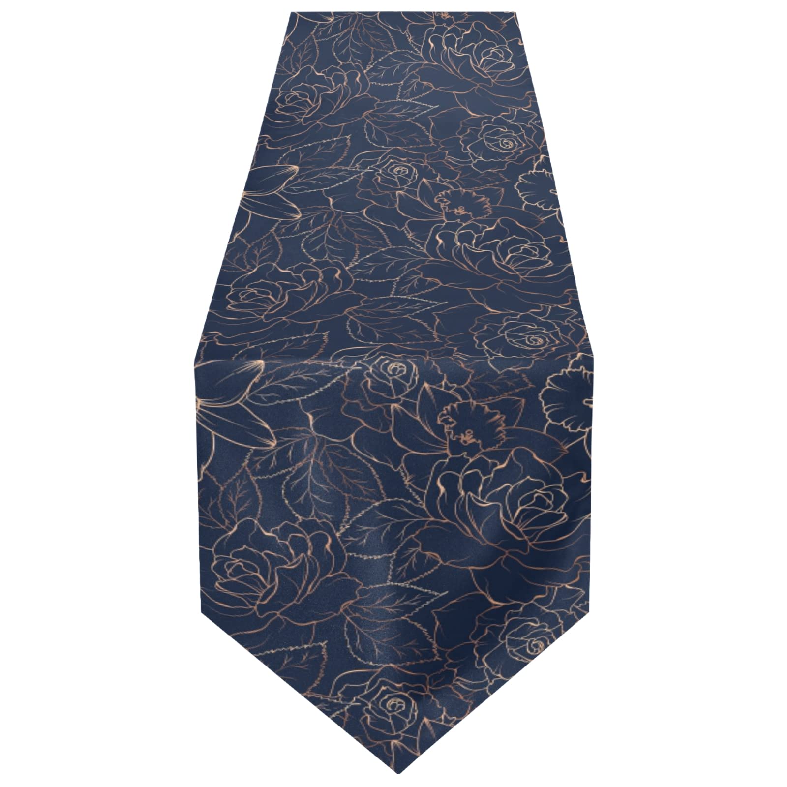 Poeticcity Multi 17 Copper-Gold Shiny Outline Rose Peony Flowers Leaves On Navy Blue 14" X 108" Rectangle Table Runner Long Tablecloth Placemat For Party Home Decor Indoor Outdoor Office Kitchen Dining Wedding
