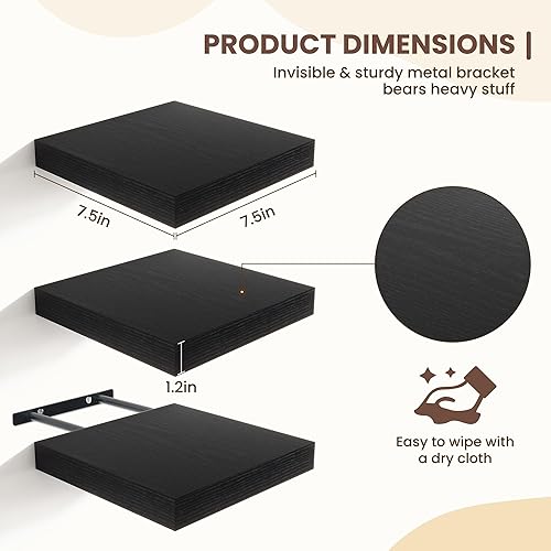 Miniatura 3 de Fun Memories - Estantes flotantes para pared - Estantes cuadrados de 7.5 pulgadas con soportes invisibles, estante pequeño de pared negro para