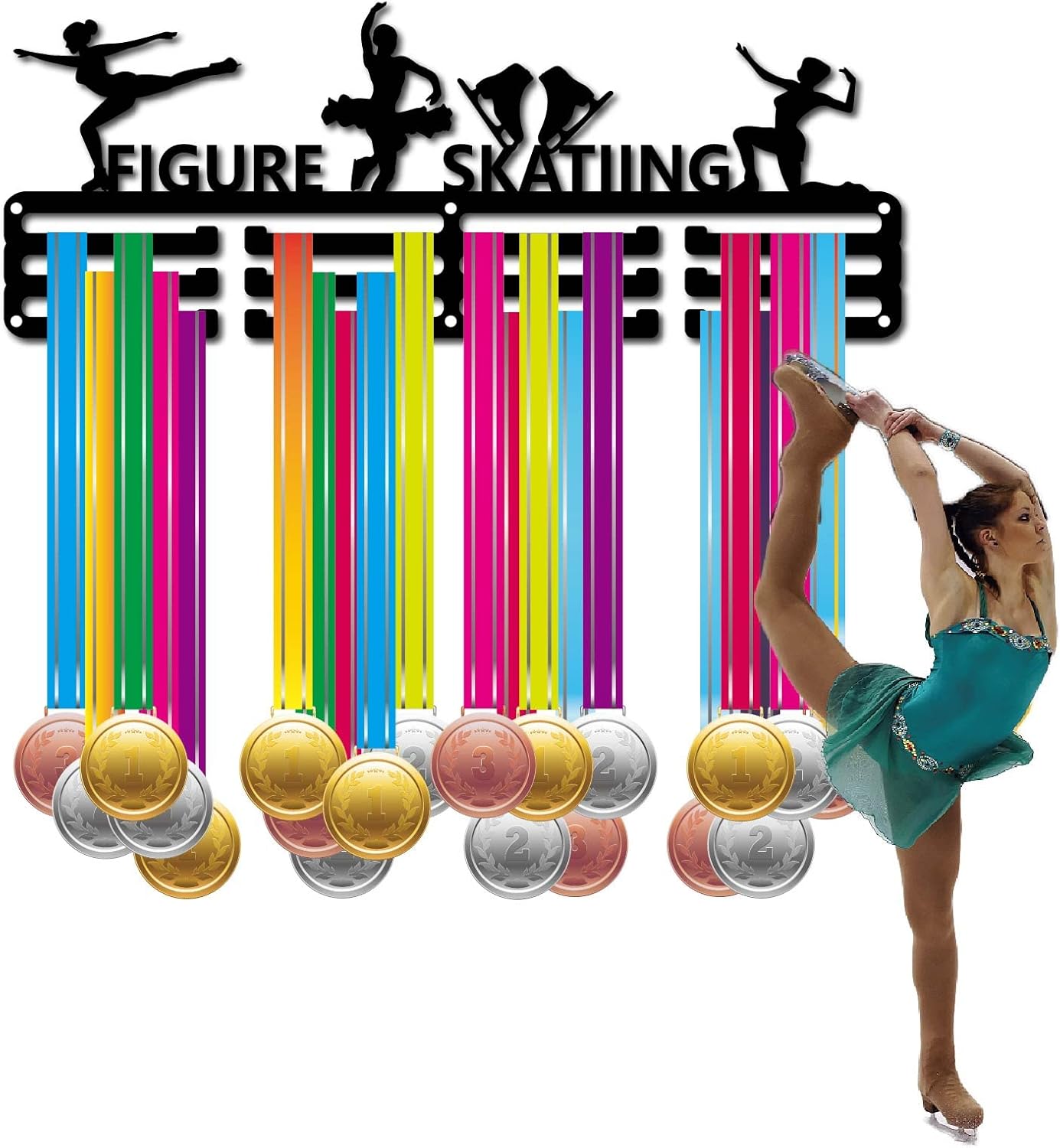CREATCABIN Figure Skating Medal Holder Sport Medals Display Wall Mount Hanger Decor Stainless Steel Hanging Award for Home Badge Storage Skater Athlete Marathon Over 60 Medals 15.7 x 6 Inch