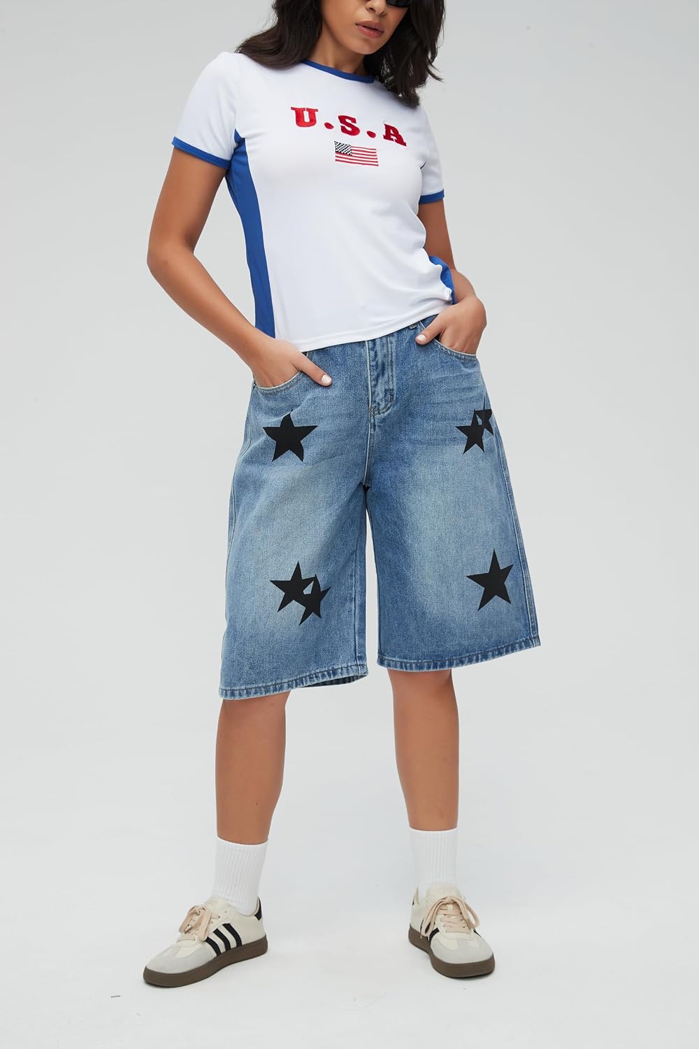 CUTEGAL Star Jorts Unisex Jorts Women Mid Rise Stretchy Patchwork Denim Shorts Wide Leg Baggy Jeans Men Y2k Pants