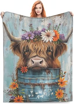 Highland Cow Blanket Gifts for Women Girls Kids Soft Warm Lightweight Cozy Rustic Wooden Farmhouse Floral Throw Blankets for Bed Sofa Living Room Couch Home Decor 50"x40"