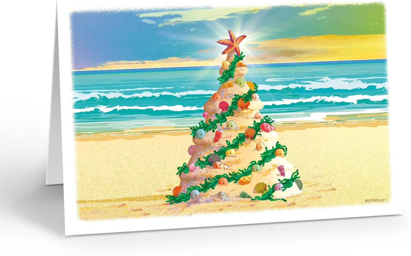 Stonehouse Collection | Beach Christmas Tree | Beach Theme Christmas Card 24 Cards & 25 Envelopes | Sunset, Ocean, Shells - USA Made (Personalized)