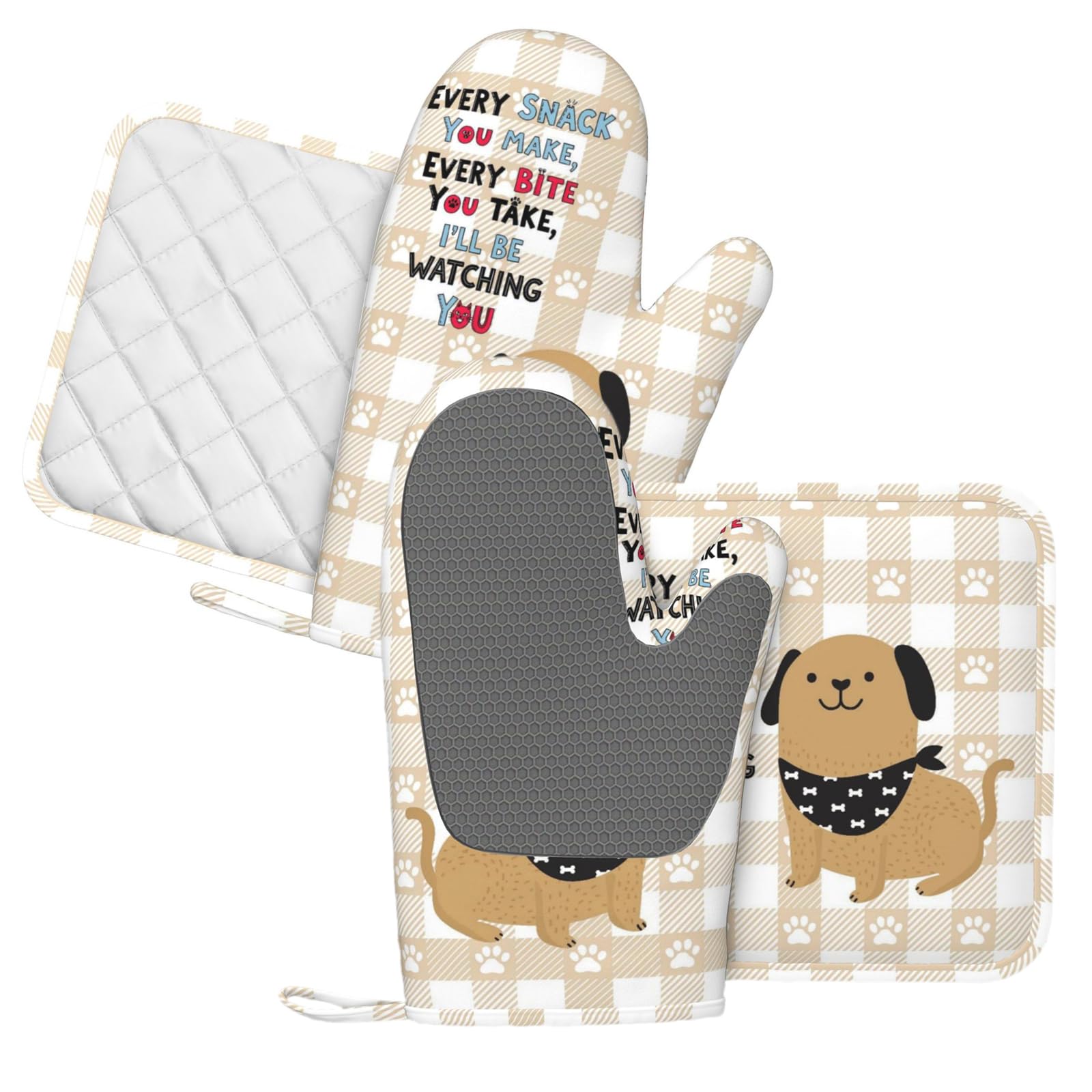 Divertidos guantes de horno y soportes para ollas para perro, juego de 4 bonitos guantes de horno y agarraderas resistentes al calor, bonitos guantes de cocina a cuadros beige, almohadillas calientes