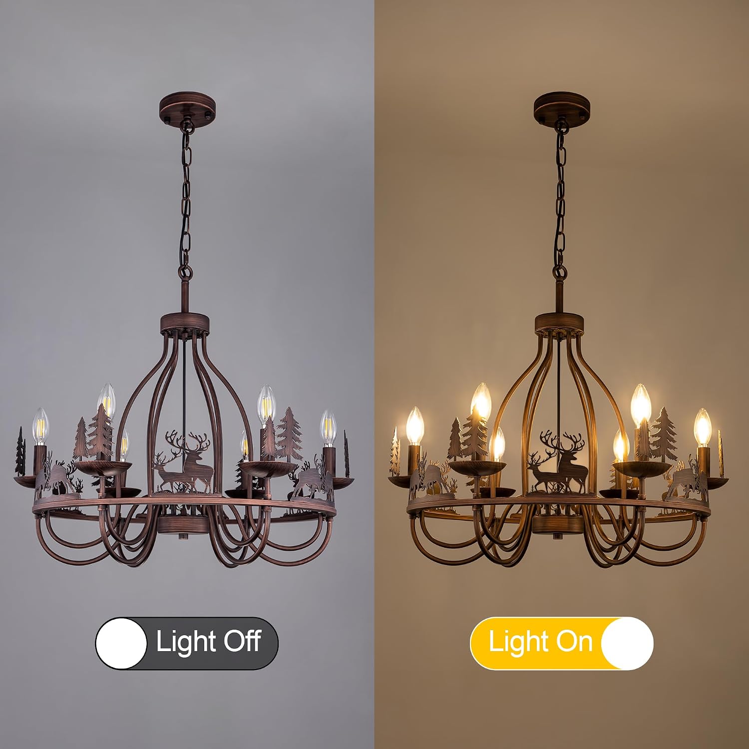 Wellmet Rustic Chandelier, 6-Light Vintage Deer Silhouette Pendant Light, for Living Room, Dining Room, Bedroom, Kitchen, Hallway