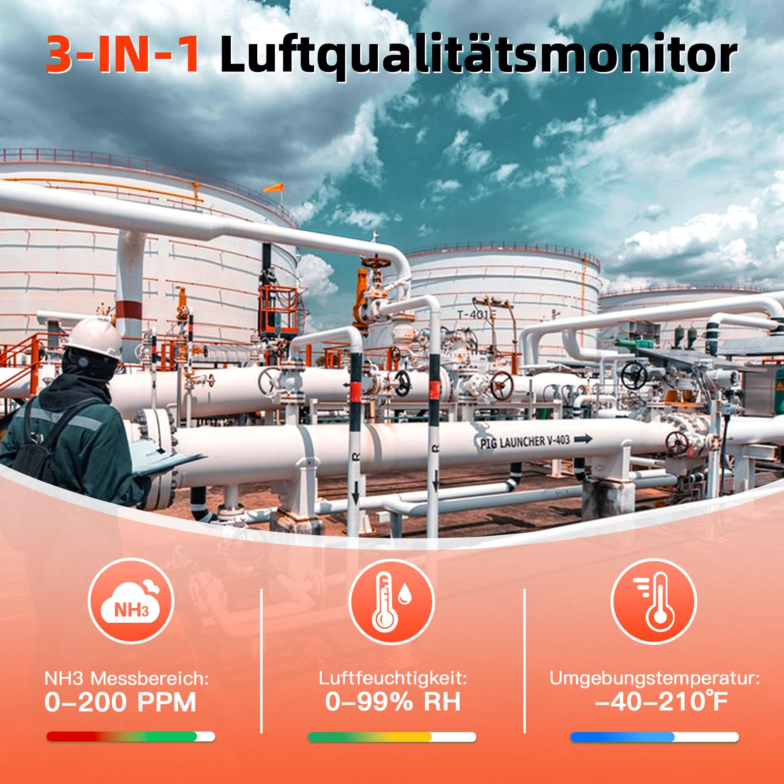 Tragbarer Ammoniak Gasmelder, 0-200 PPM Wiederaufladbarer Ammoniak Detektor, Digitales NH3 Luftqualitätsmessgerät mit Temperatur Feuchtigkeitstester für Stall, Geflügel, Schweine, Vieh, Orange
