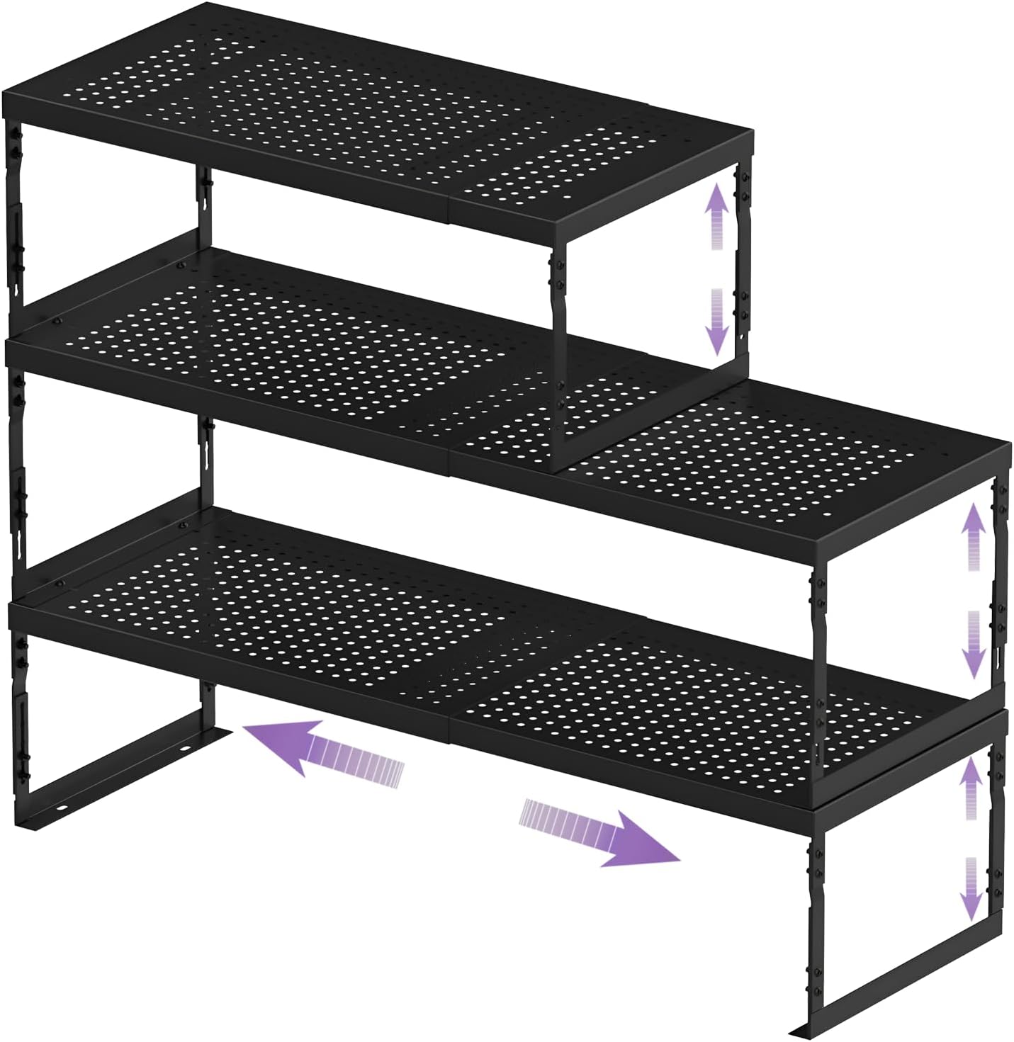 Stackable Expandable Metal Shelf Organizer, Adjustable Storage Rack, Heavy Duty Space Saver for Kitchen, Pantry, Bathroom, Countertop & Office(3Pack/Large/Black)