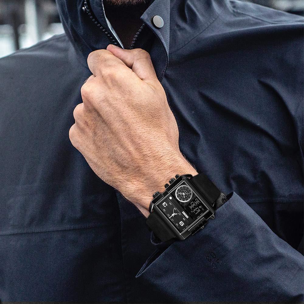 SKMEI Montre de sport numérique pour homme avec grand cadran LED carré et affichage analogique à quartz avec plusieurs fuseaux horaires et chronomètre