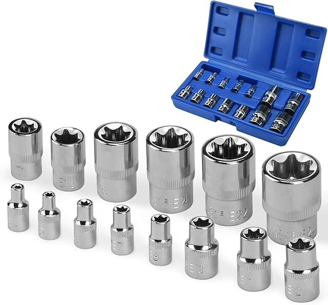 Drado 14Pcs Female Torx Socket Star E Torx Socket Set E4-E24 External Torx Sockets 1/4"1/2"3/8" E-Type Sockets Insert Nut