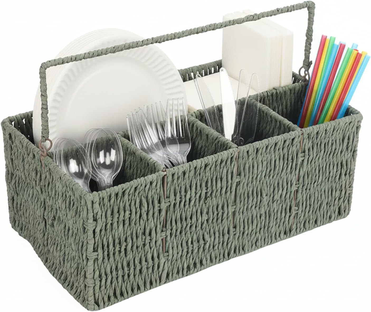 Utensil Holder, Hand Woven Silverware Caddy, 5 Compartments Flatware Organizers, Paper Plate Dispenser with Handle, Kitchen Countertop Organizer for Spoons Forks Plates Napkins, Green