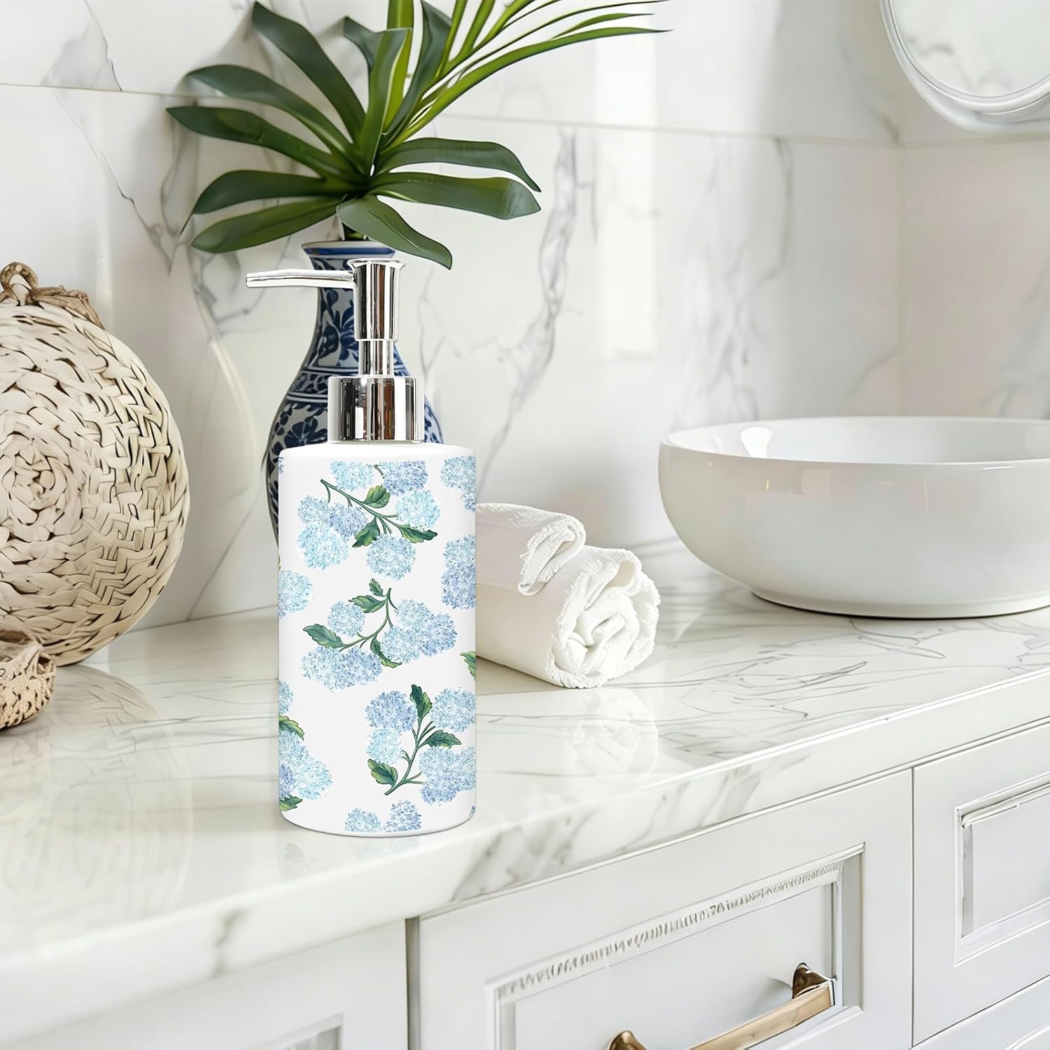 AnyDesign Blue Hydrangea Soap Dispenser Watercolor Floral Glass Dispenser with Pump Refillable Liquid Soap Container for Spring Kitchen Bathroom Countertop Decor