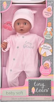 John Adams Tiny Tears Baby Soft Doll 15 (38 cm) - Black/Dark Skin | Soft Bodied Baby with Closing Eyes & Dummy | Deluxe Pink Outfit | Cuddly First Doll Set | Toy for Toddlers Age 10 Months+