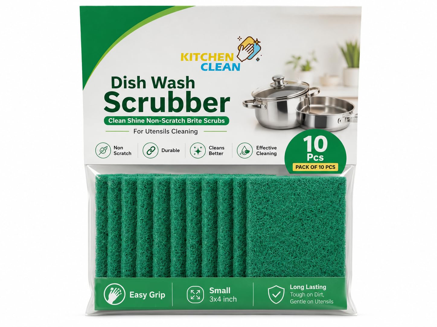 Kitchen Clean ™ 10 Pcs Small Kitchen Scrub | Kitchen Juna Dish wash Scrubber | Clean Shine Non Scratch Brite Scrubs for Utensils Cleaning (Green, Small 3x4 inch, Pack of 10 Pcs)-image-49