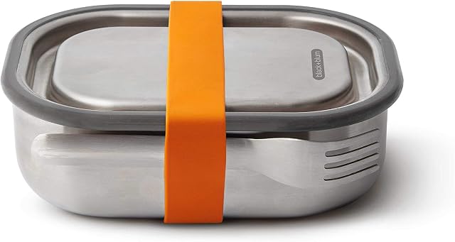 Black+Blum Stainless Steel Lunch Box | Leak Proof 3-in-1 Multi-Functional Plastic Free Vacuum Valve Bento Box with Compartment Divider and Accessories, Orange