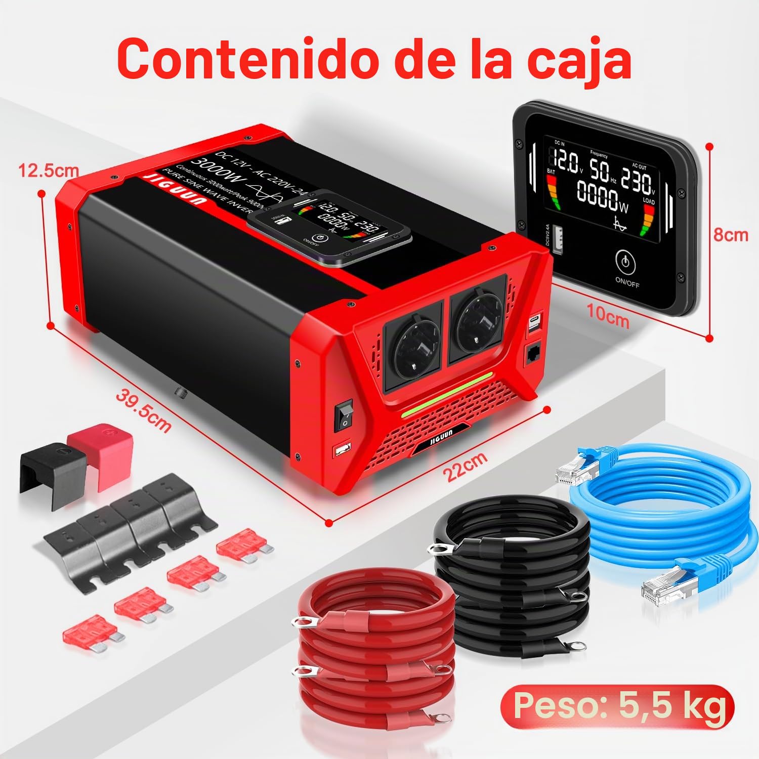 JIGUUN 3000W/9000W Inversor 12V 220V Onda Pura Convertidor Inverter con 2 Tomas EU y 3 Puertos USB y Tycp-C, Adecuado para Autocaravana, Camiones, Camping, Sistemas Fuera de la Red y más