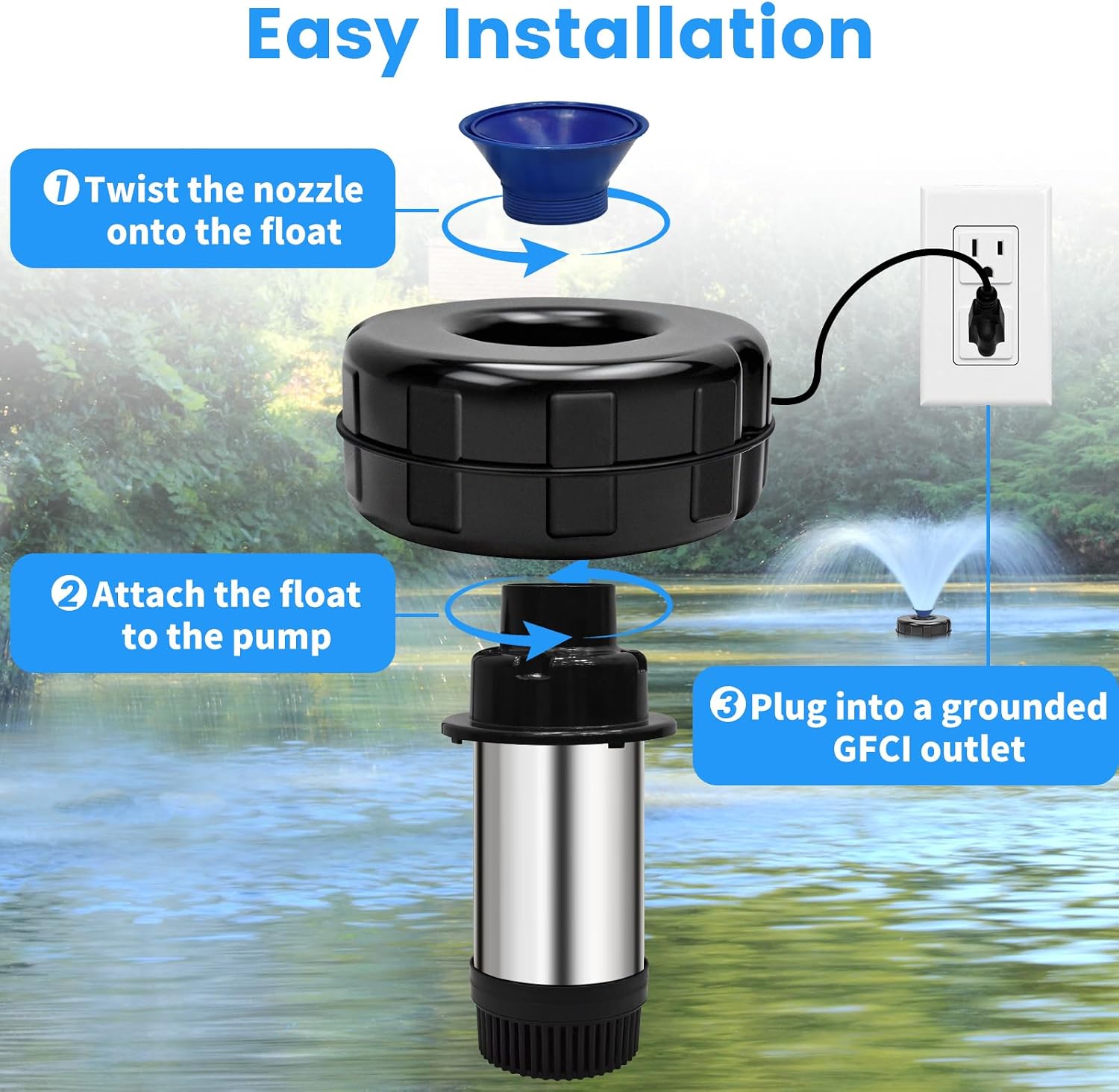 15000 GPH Pond Fountain Aerator,750W(1HP) Floating Fountain with Stainless Steel Body,Automatic Pond Pump with Timer&100FT Power Cord&2 Adapters&Ropes Pond Aerators for Outdoor Ponds&Lakes