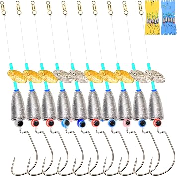 10pc Texas Rigs Kit - 7g/10g/14g Bullet Weights, Spinner, Crank Hooks with Eye Beads for Saltwater/Freshwater Bass Fishing