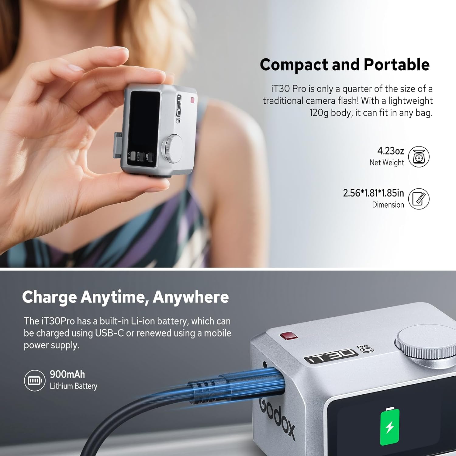 Godox iT30Pro-C iT30 Pro Flash for Canon, iT30Pro C Touchscreen Speedlite, Built-in Battery, 560 Full Power Flashes, 2.4G Wireless 1/8000 HSS, GODOX iT30ProC iT30 Pro C TTL Flash Speedlight (Silver)