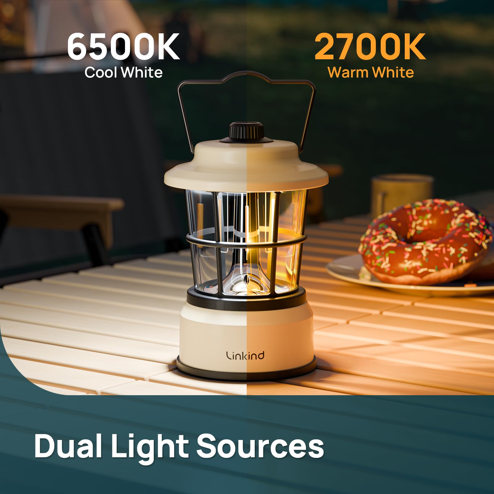 Linkind Lampada da campeggio a LED USB C, ricaricabile, lanterna da campeggio, freddo e caldo, 2 colori, batteria integrata da 3600 mAh, luce di emergenza per campeggio, escursionismo, interruzione di