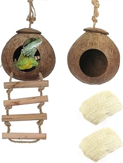 Hamiledyi Gecko Coco Den 2 pcs, Natural Reptile Hideouts Mini Condo for Lizards, Coconut Texture Provide Food for Pets, Raw Coconut Husk Hide with Ladder, Durable Cave Habitat with Hanging Loop