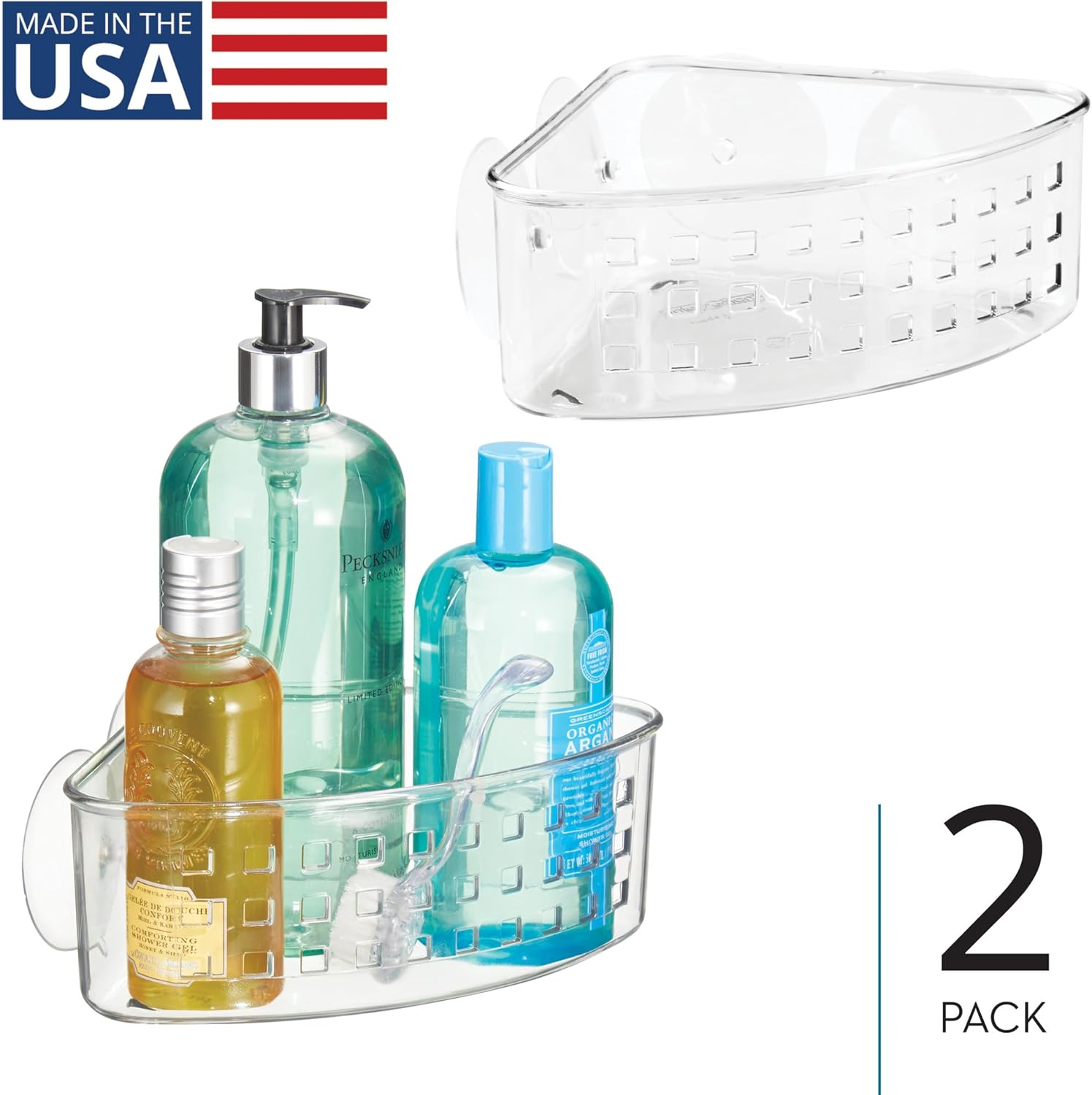 iDesign Plastic Suction Cup Corner Shower Basket for Bathroom Storage, Set of 2, Clear, Made in USA