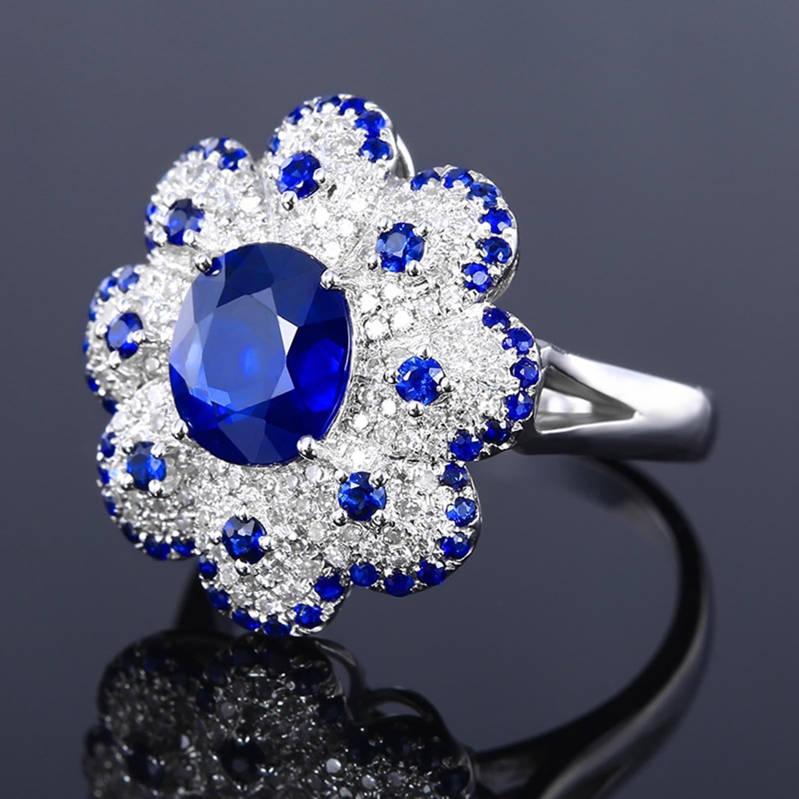 Bague de fiançailles ovale en or blanc 18 carats avec saphir bleu de 2,68 carats et diamant pour femme