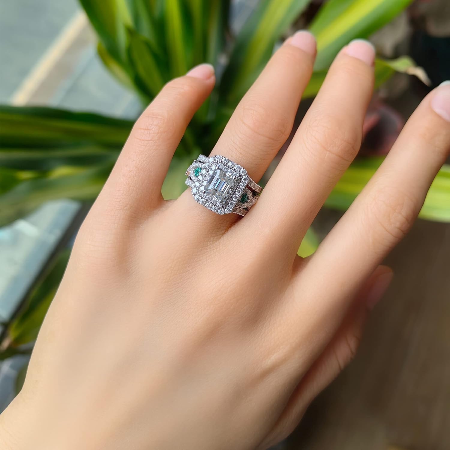 DovEggs Moissanite Enhancer Wedding Ring Set Emerald Cut Moissanite Engagement Ring Zambia Emerald 4.3ct 6x8mm FGH Color Antqiue Double Halo Sterling Silver with 18K White Gold Plated(8)