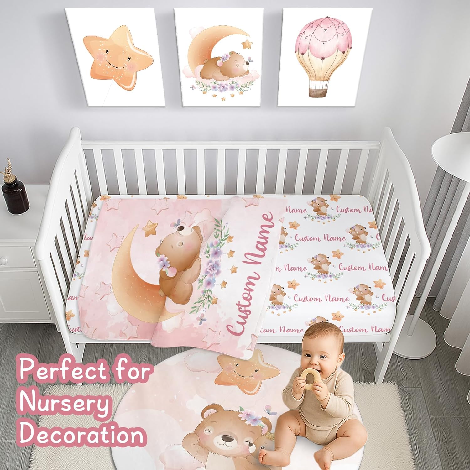 Personalized Baby Crib Bedding Set, 5 Piece Custom Name Baby Crib Bedding with Blanket, Fitted Sheet, Rug, Changing Pad Cover, Wall Art for Infant Toddler Boys Girls, Gift, Moon Bear Theme
