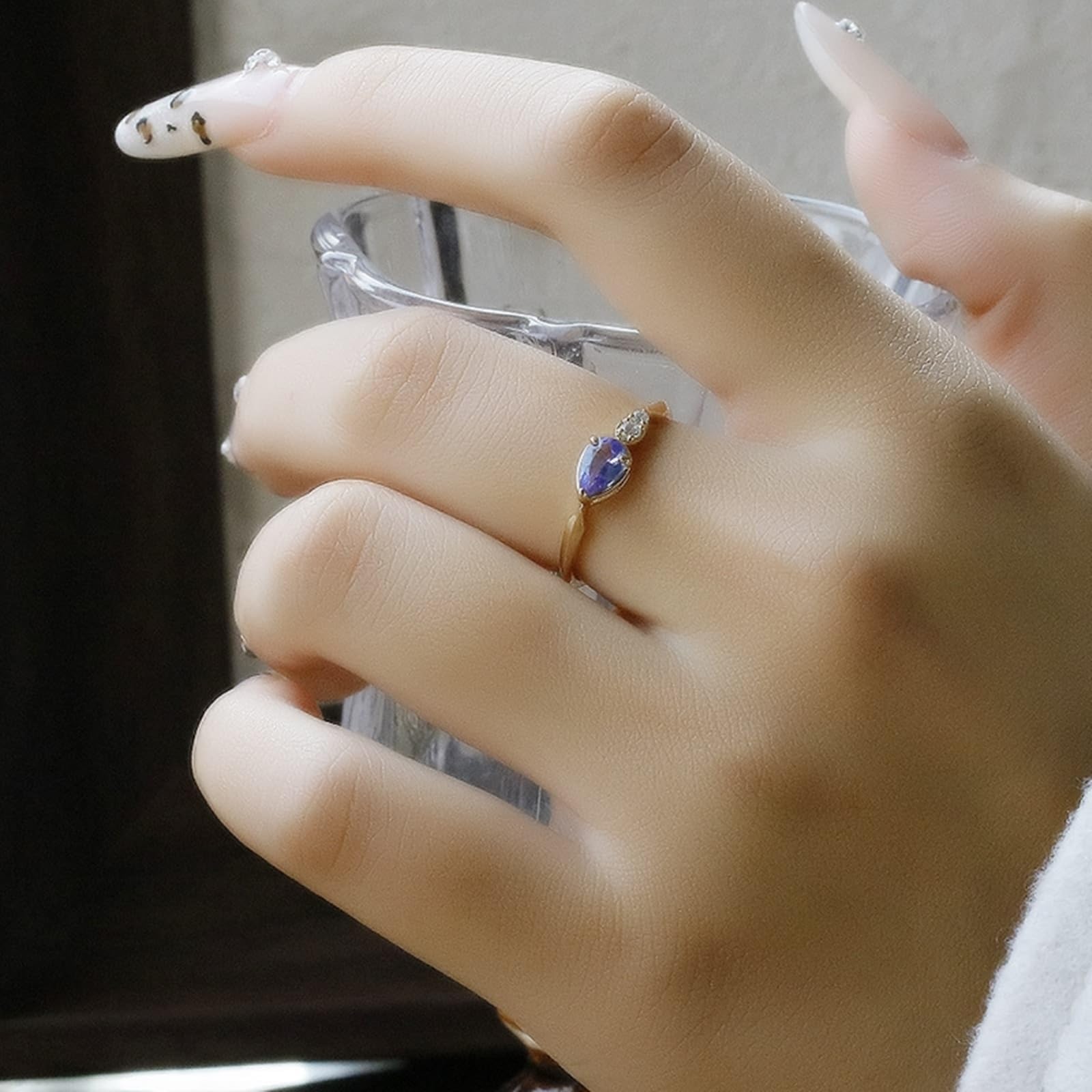 Pierścionki partnerskie 9K/14K/18K żółte złoto prawdziwe złoto biżuteria z kropli niebieski fioletowy tanzanit łza rozm. 47-65