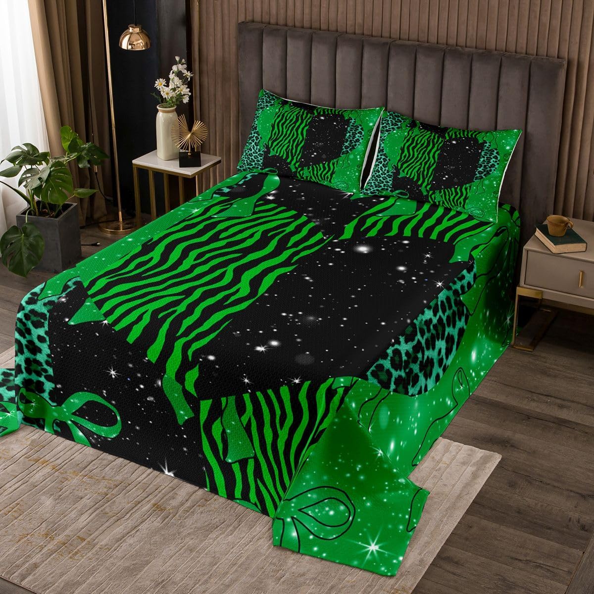 Manfei Leopard Bowknot Kids Bedspread Queen Size,Zebra Stripes Leopard Bow Pattern Coverlet Set,Teens Women Bedroom Decor,Boho Abstract Wild Animal Quilted Coverlet,Green Bedding Quilt,2 Pillowcases