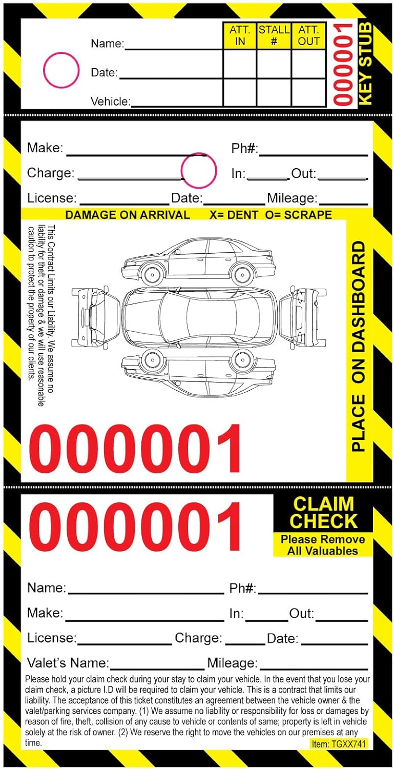 2000 Valet Parking Tickets for Cars. 3 Part Vehicle Claim Tag with Car Diagram. Printed in Black & Yellow with Red Numbers on Durable White Card Stock. Perforated Cardstock Key Tag. Parking Pass