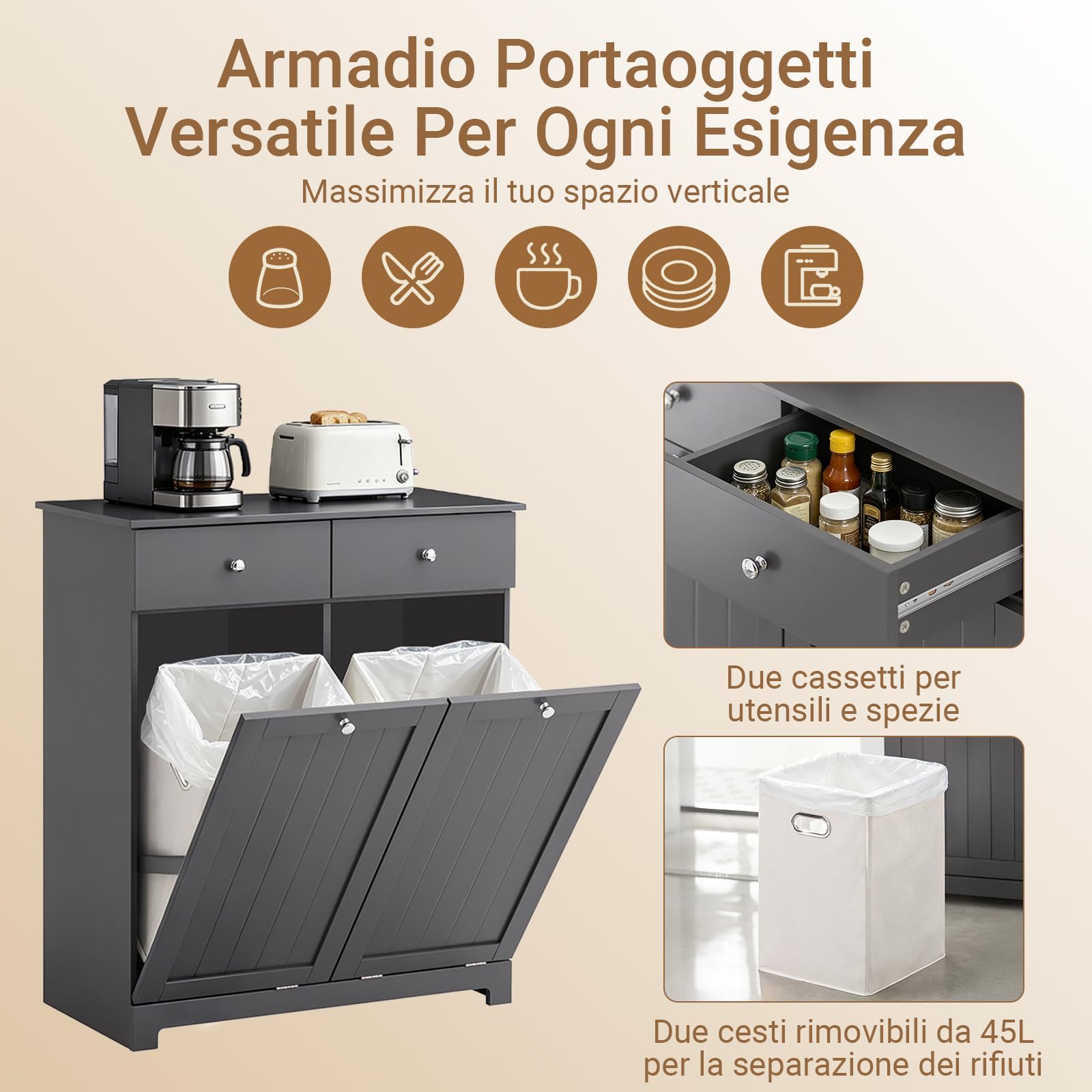 SoBuy Mobile Spazzatura Cucina con Pattumiera Integrata 78x38x90cm Cucina | Armadietto Raccolta Differenziata con 2 Cassetti E 2 Sacchi da 45L, Chiusura Silenziosa, Grigio, BZR33-II-DG