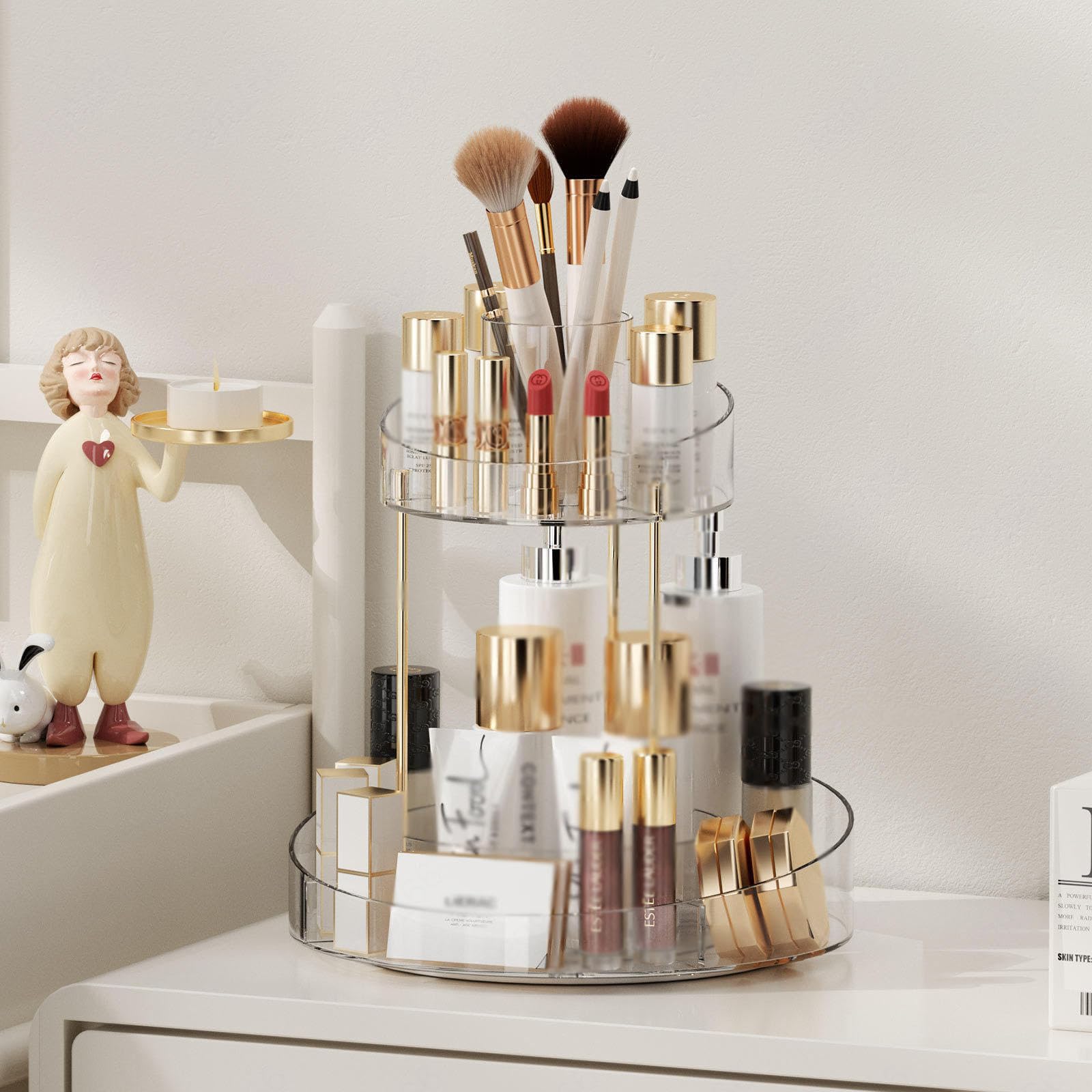 Organizer per Trucco Girevole a 360 Gradi per Vanità, Appoggio del Bagno Organizzatore per La Cura della Pelle di Grande capacità, Vetrina per Cosmetici Portaprofumi Porta Pennelli Cosmetici,A