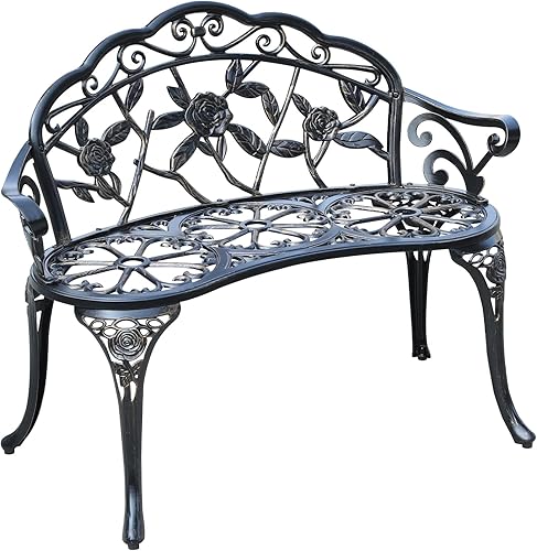 Banco de aluminio fundido para exteriores, banco de jardín de rosas para patio, parque, césped, patio (bronce)