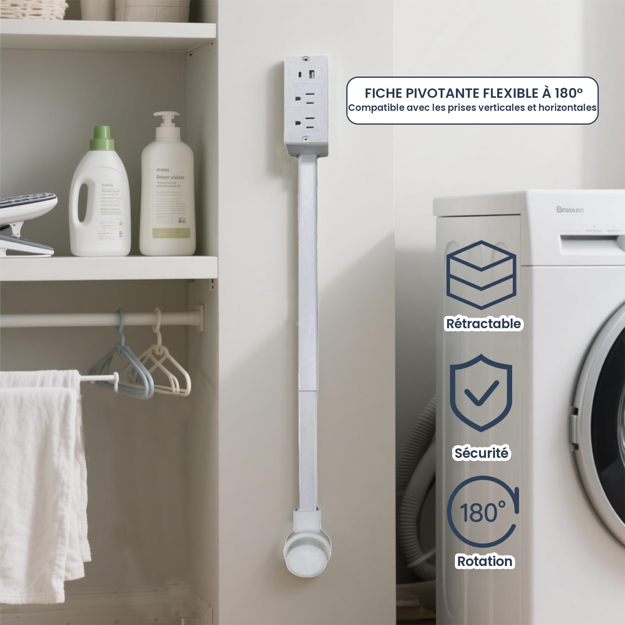 Rallonge De Prise Extensible Avec USB – Longueur Réglable 47-67 Cm – Rotation 180° – Pour Prise Difficile D’accès