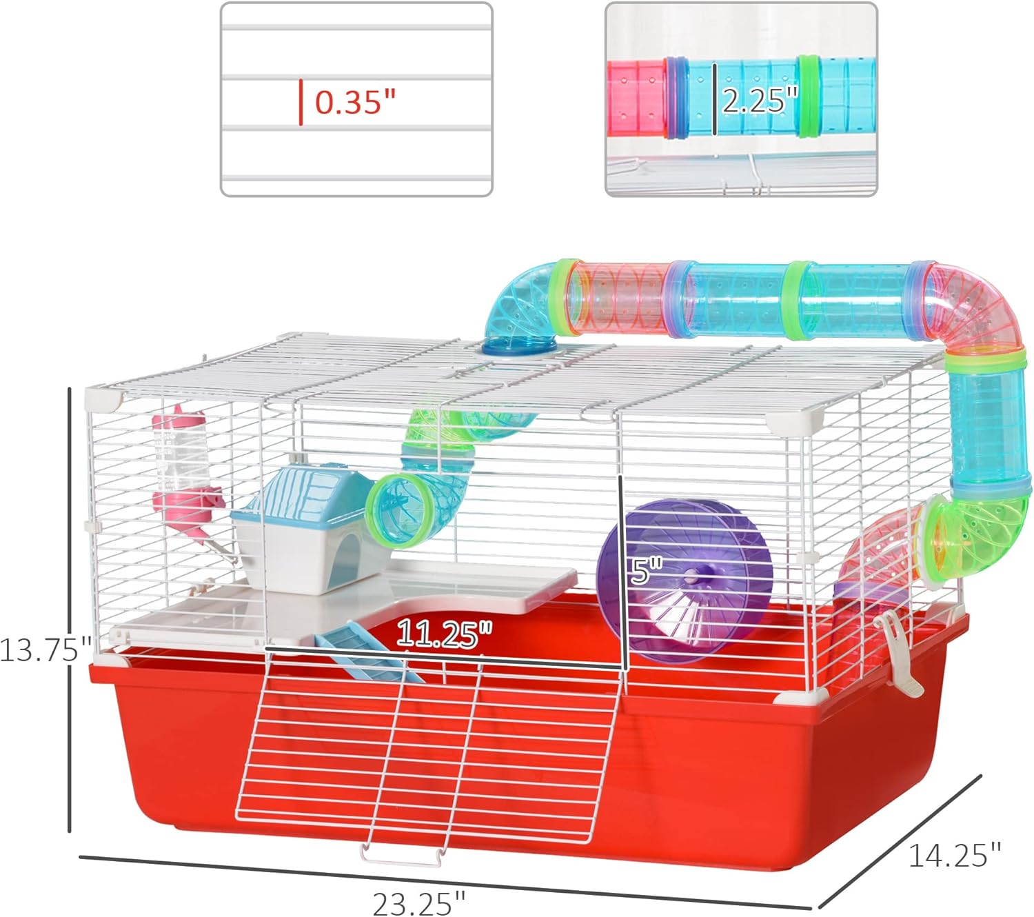 Diagram showing the dimensions of the PawHut hamster cage: 23.25 inches length, 14.25 inches width, 13.75 inches height.