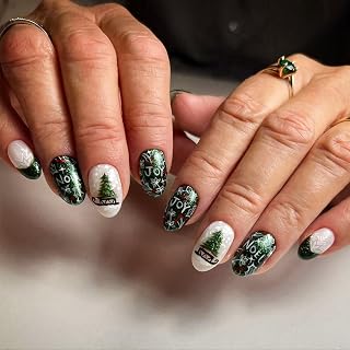 TULOBI Christmas Green Press on Nails Short Almond Fake Nails Full Cover Acrylic Nails with Christmas Tree Designs Joy Xmas Stick on Nails Artificial False Nails Glue on Nails for Women 24 Pcs
