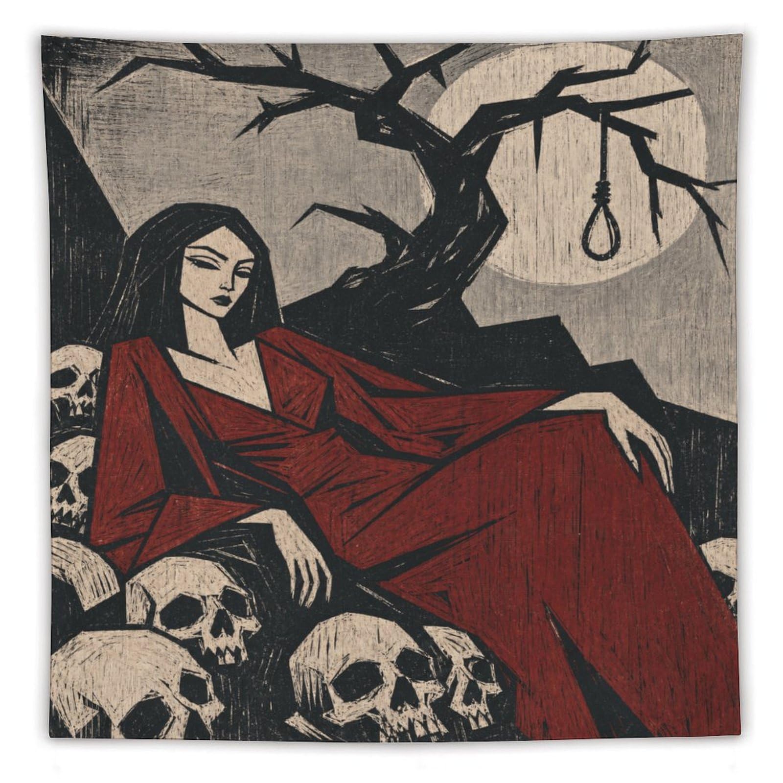 W7C8U2X3 Woman in Red Kimono with Skulls Wall Tapestry, Ukiyo-e Style