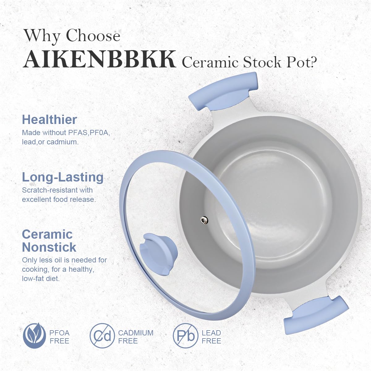 AIKENBBKK Olla de cocina 24 cm con tapa, 5L de aluminio antiadherente con revestimiento de cerámica, mango que permanece frío, apto para todo tipo de cocinas